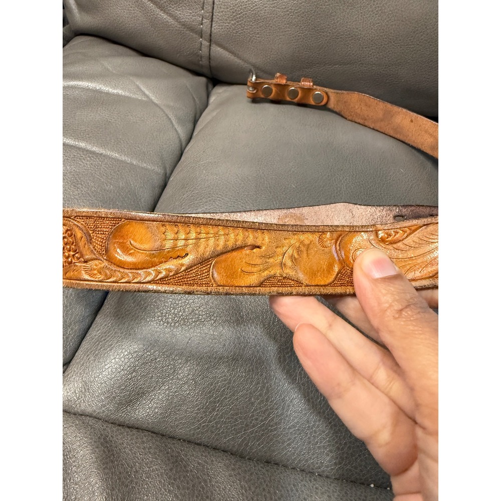 Vintage Western Hand Tooled Floral Leather Belt Cognac Brown Silver Buckle Boho